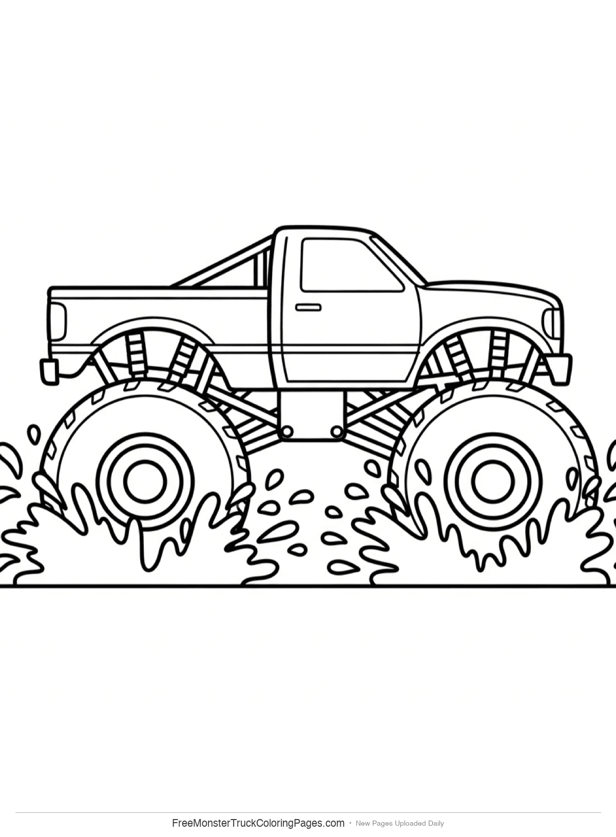 Black and white coloring page of Dirt Rampage monster truck racing through mud with dirt flying