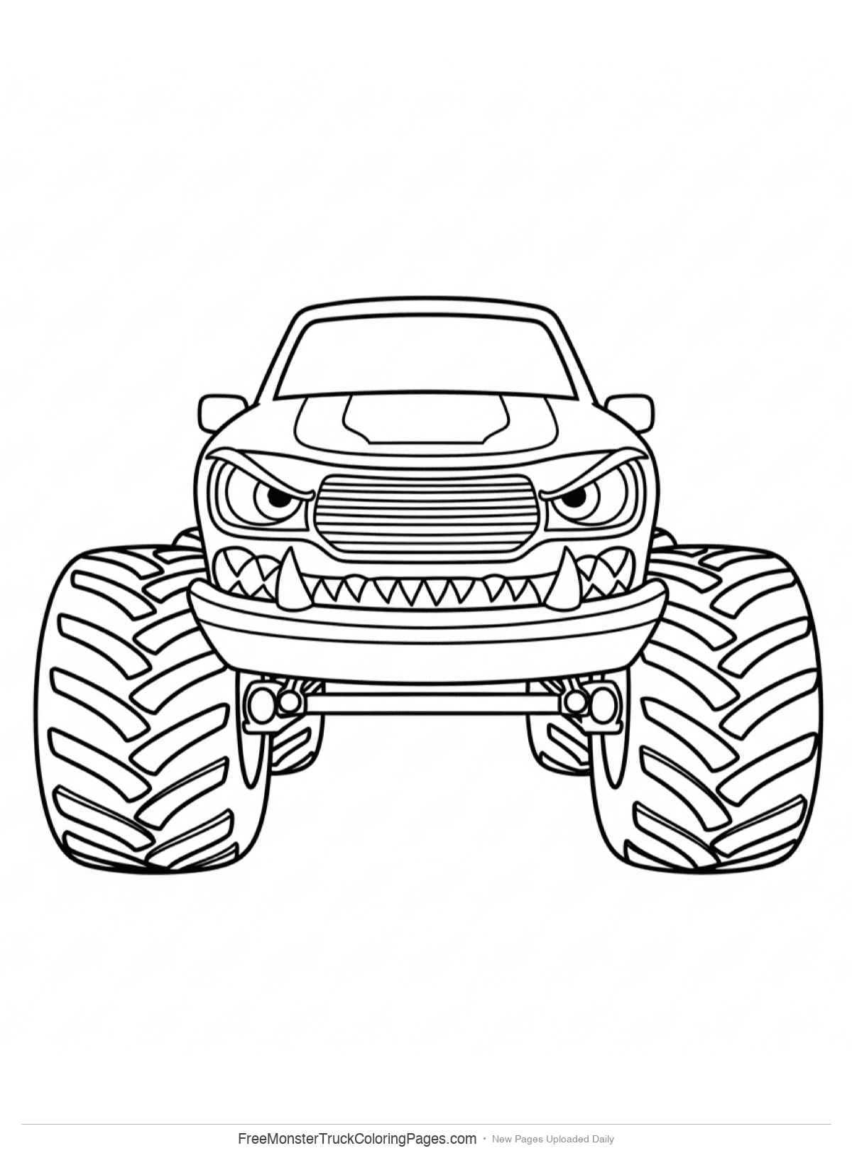 Black and white coloring page of Night Terror monster truck with glowing eyes and menacing design