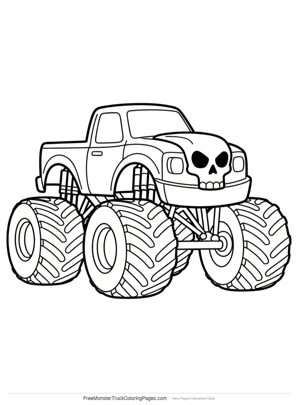 Black and white coloring page of Skull Crusher monster truck with skull design on hood and large spiked tires